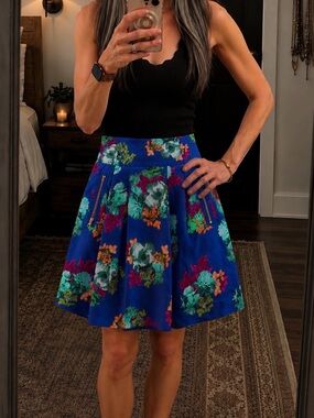 Anthropologie Floral Mini Skirt in Blue with Multicolor Blooms